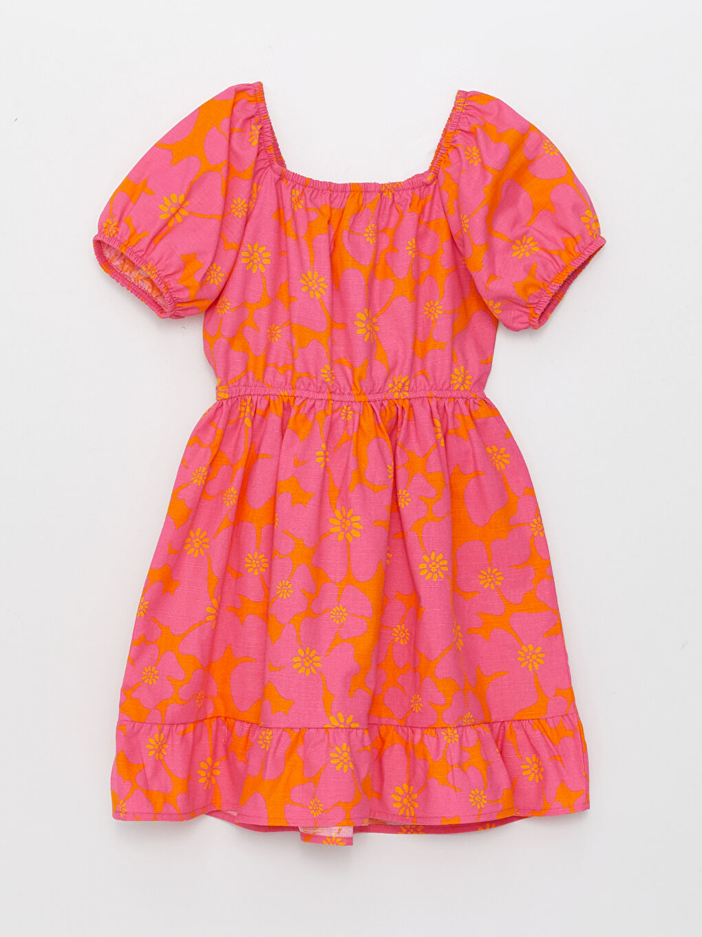 فستان للبنات بياقة مربعة وكم قصير منقوش-1