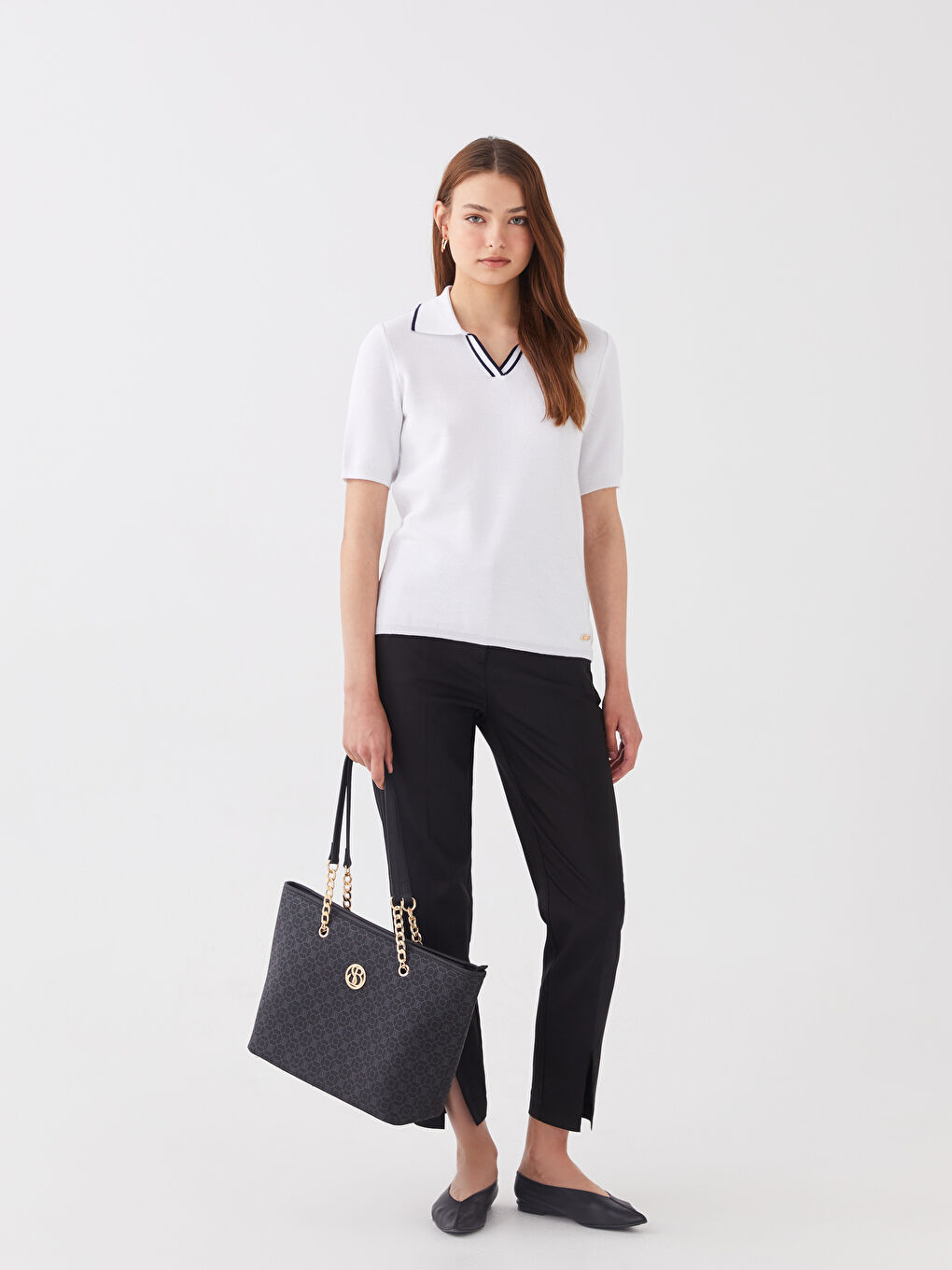 Beyaz Polo Yaka Düz Kısa Kollu Kadın Triko Kazak-2