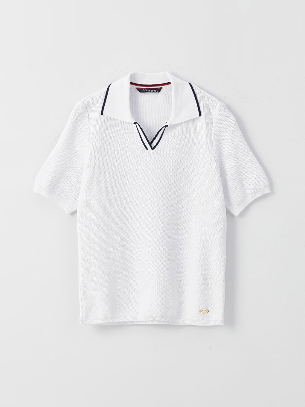 Beyaz Polo Yaka Düz Kısa Kollu Kadın Triko Kazak-5