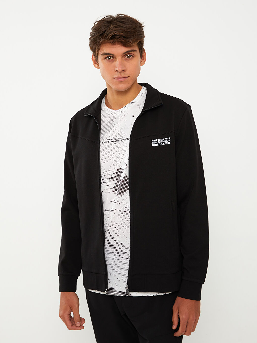 Siyah Standart Kalıp Dik Yaka Erkek Fermuarlı Sweatshirt