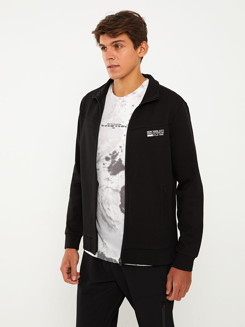 Siyah Standart Kalıp Dik Yaka Erkek Fermuarlı Sweatshirt-1