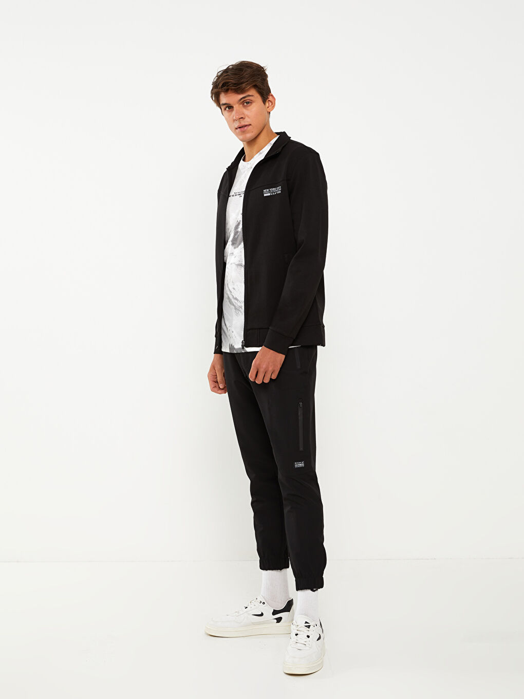 Siyah Standart Kalıp Dik Yaka Erkek Fermuarlı Sweatshirt-2