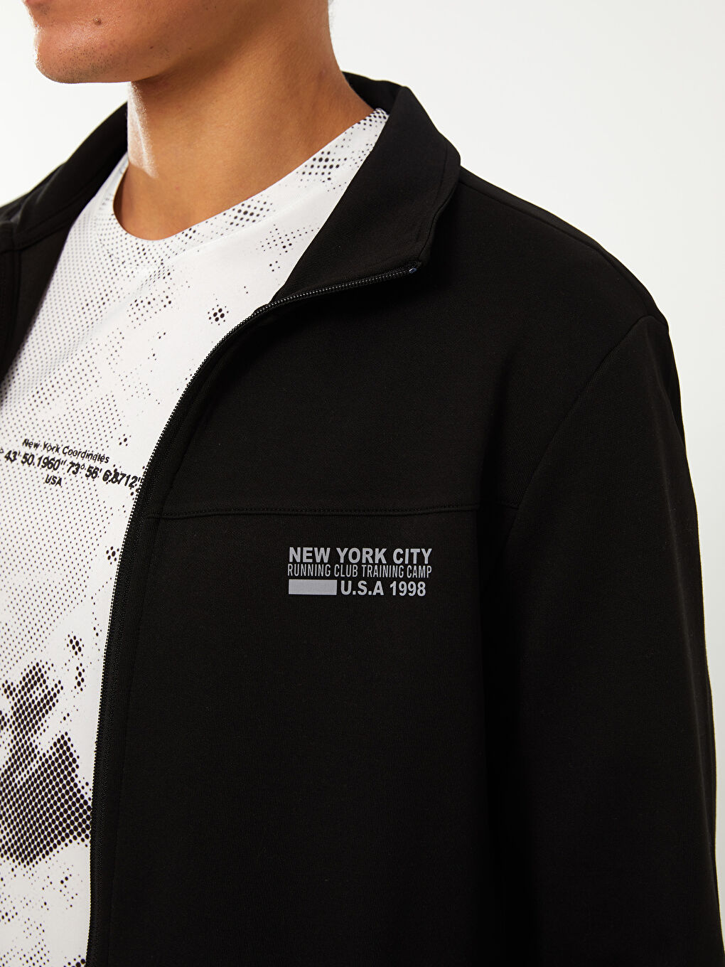 Siyah Standart Kalıp Dik Yaka Erkek Fermuarlı Sweatshirt-3