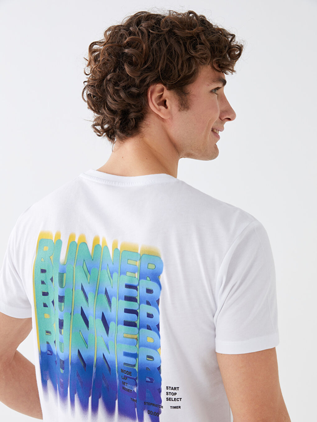 Beyaz Bisiklet Yaka Kısa Kollu Baskılı Penye Erkek Tişört