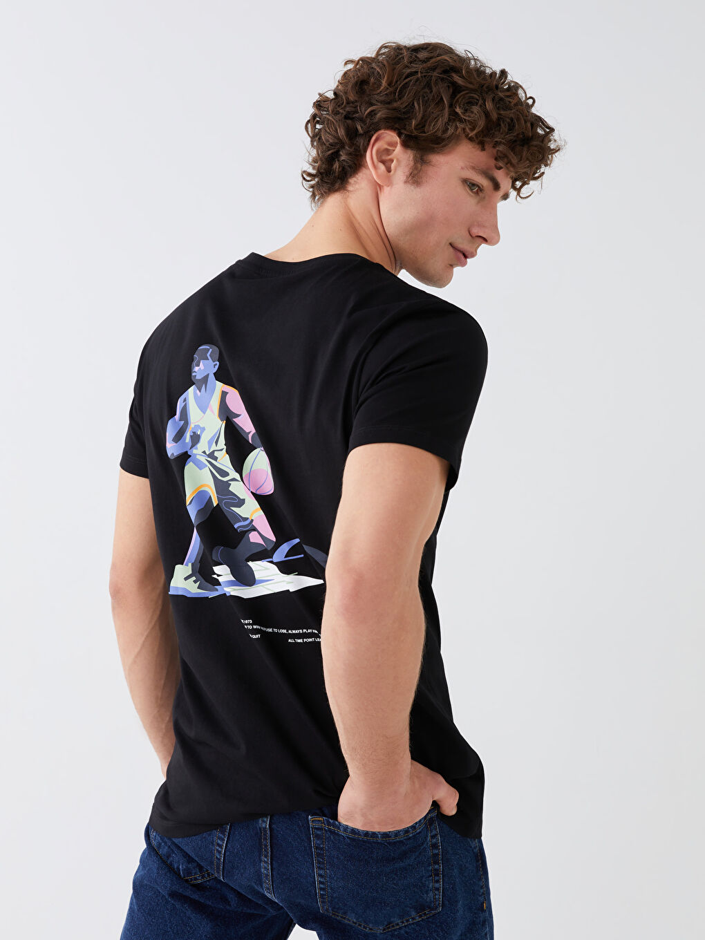 Siyah Bisiklet Yaka Kısa Kollu Baskılı Penye Erkek Tişört