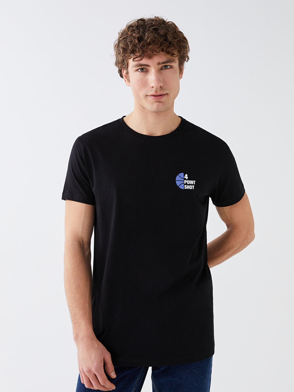 Siyah Bisiklet Yaka Kısa Kollu Baskılı Penye Erkek Tişört-1