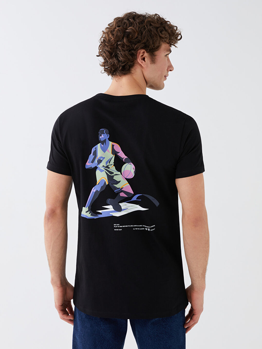 Siyah Bisiklet Yaka Kısa Kollu Baskılı Penye Erkek Tişört-4