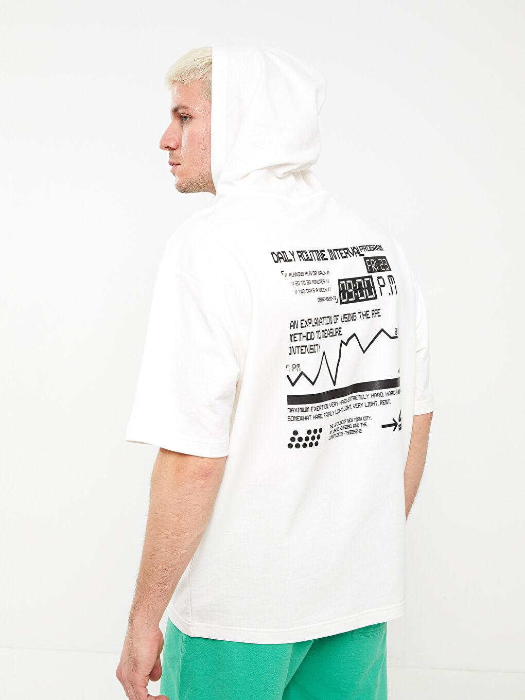 Beyaz Kısa Kollu Baskılı Erkek Hoodie