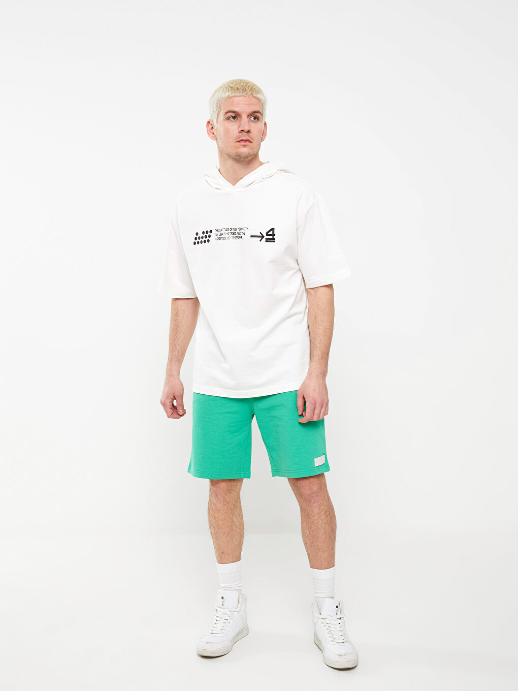 Beyaz Kısa Kollu Baskılı Erkek Hoodie-2