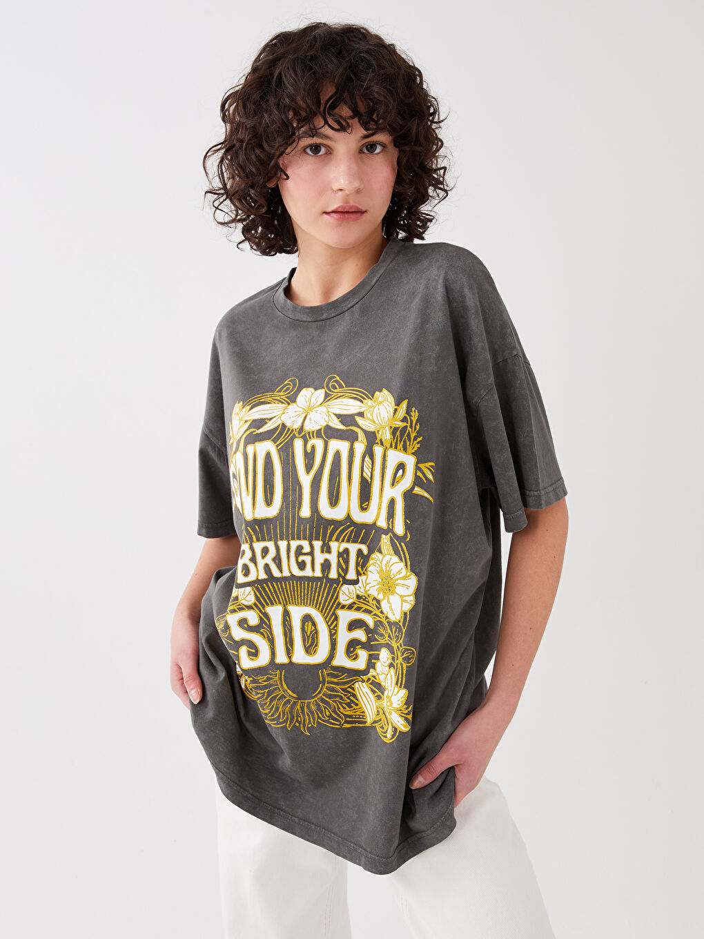 Tricou Supradimensionat cu Mânecă Scurtă și Imprimeu, Guler Rotund pentru Femei