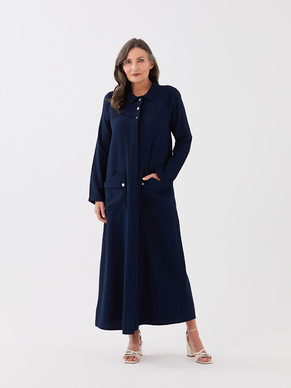 Abaya Droite à Col de Chemise et Manches Longues pour Femmes-1