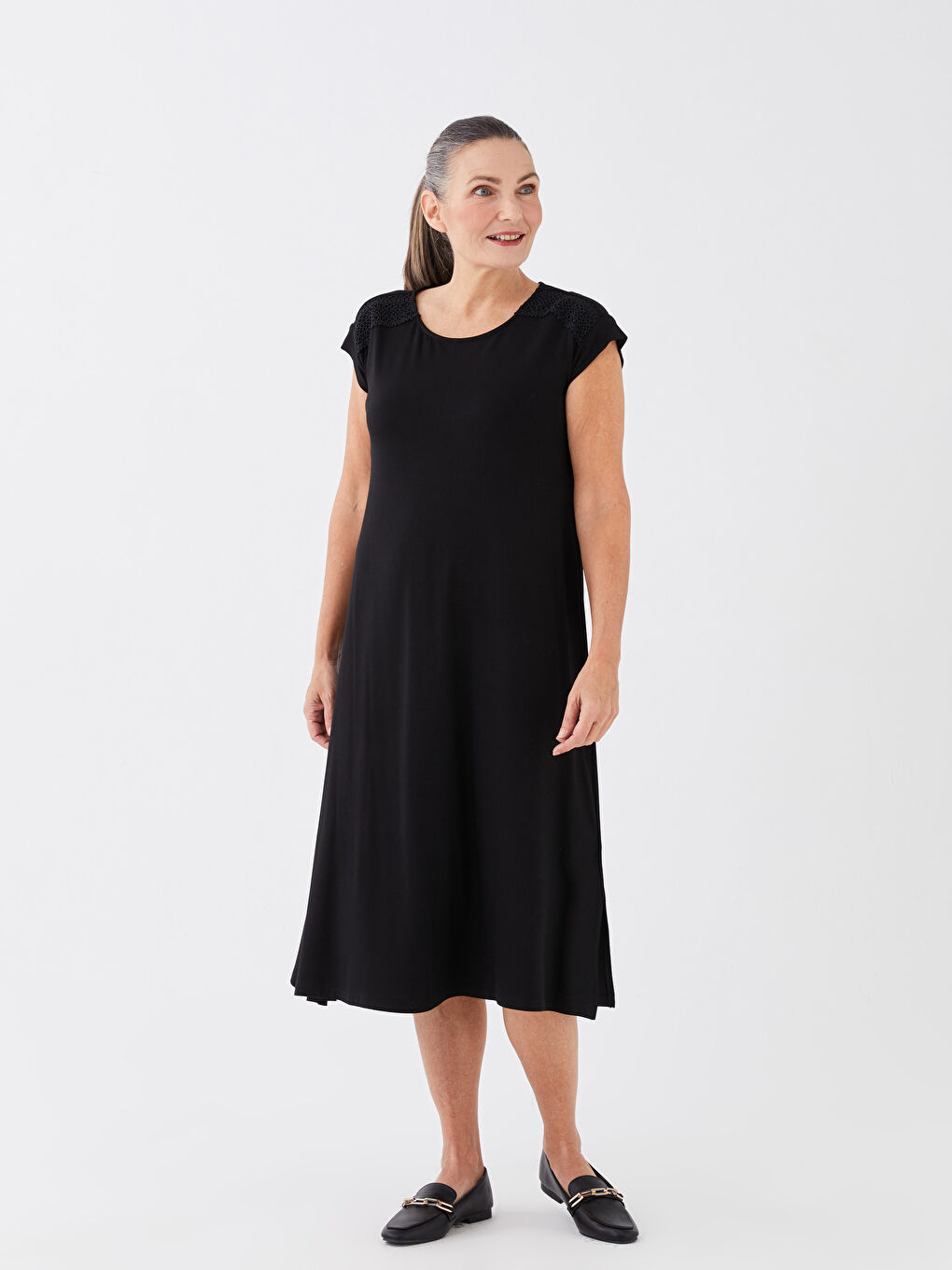 Rochie pentru Femei cu Guler Rotund, Croială Dreaptă, Mânecă Scurtă, Croiala A