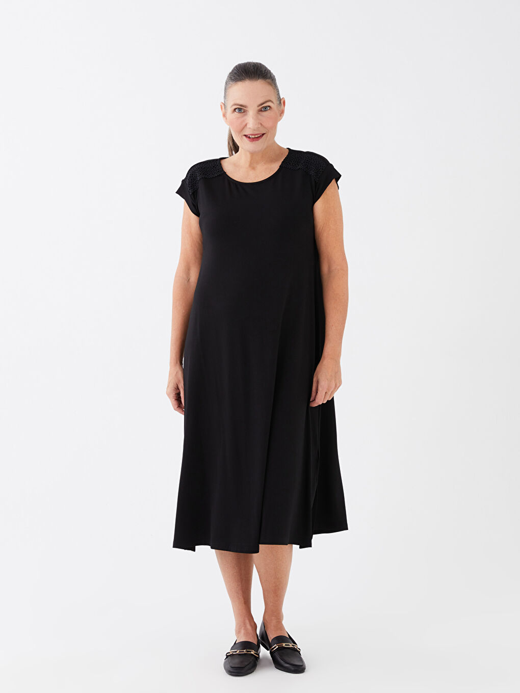 Rochie pentru Femei cu Guler Rotund, Croială Dreaptă, Mânecă Scurtă, Croiala A-1