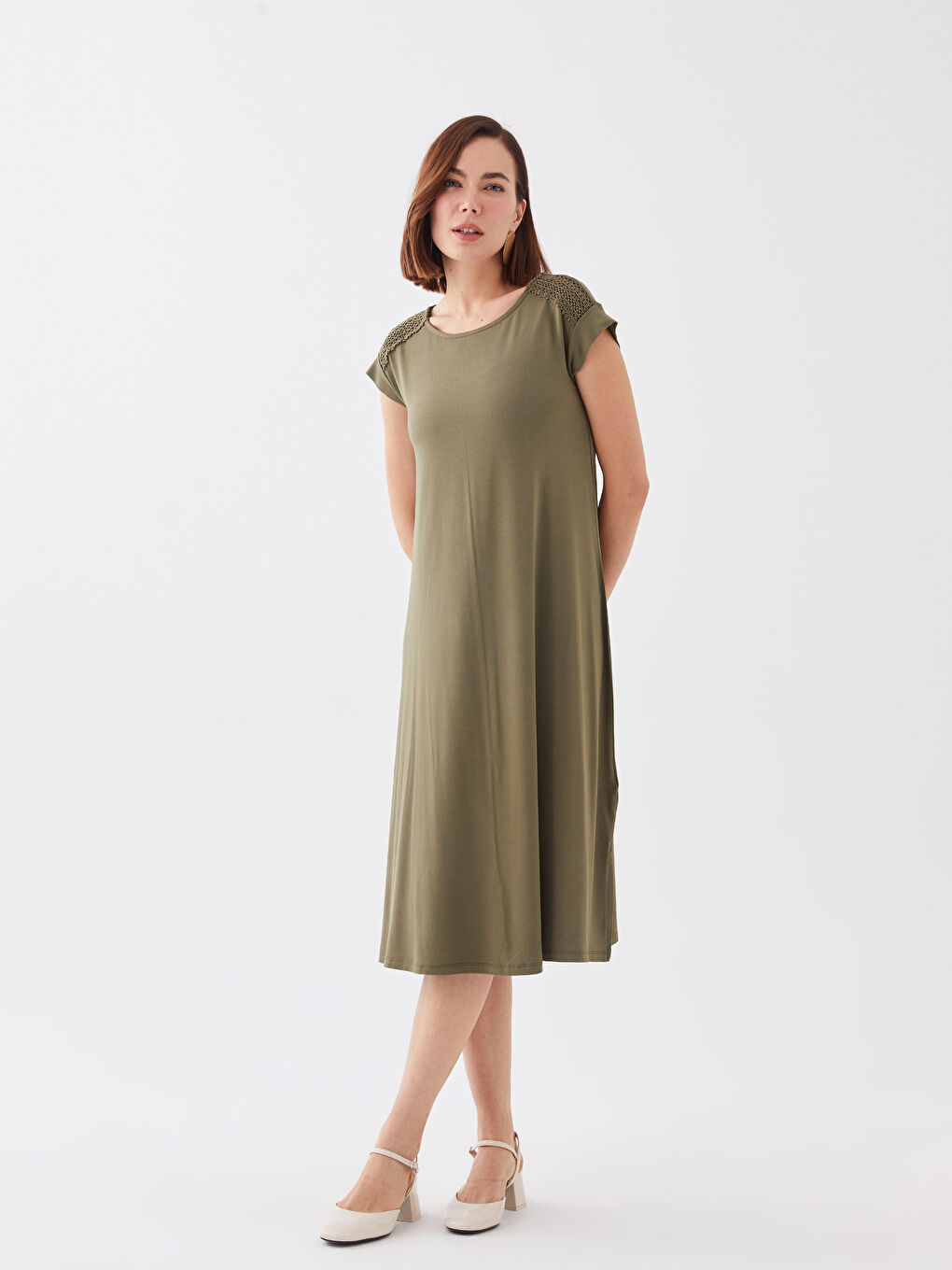 Haki Bisiklet Yaka Düz Kısa Kollu A Kesim Kadın Elbise