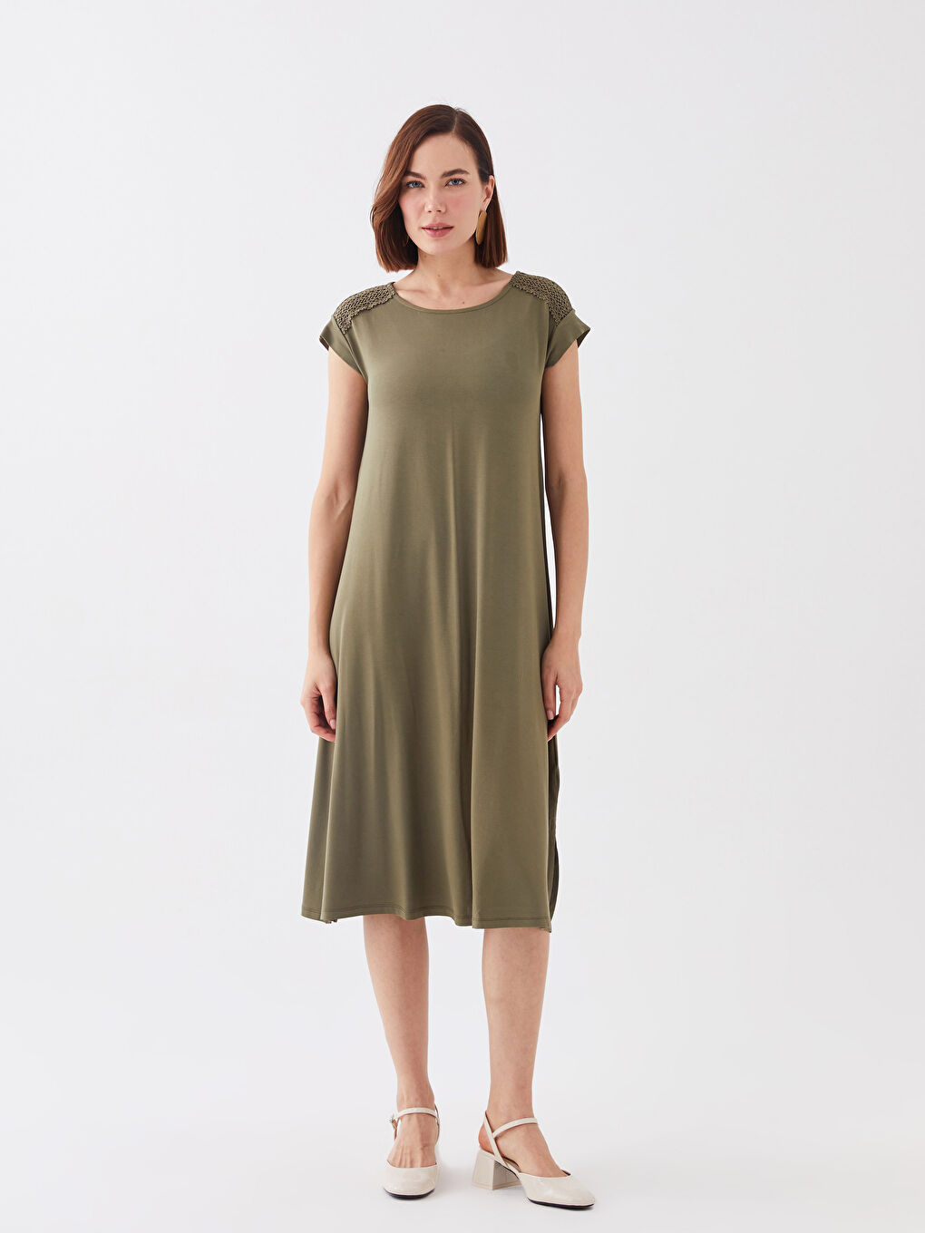 Haki Bisiklet Yaka Düz Kısa Kollu A Kesim Kadın Elbise-1