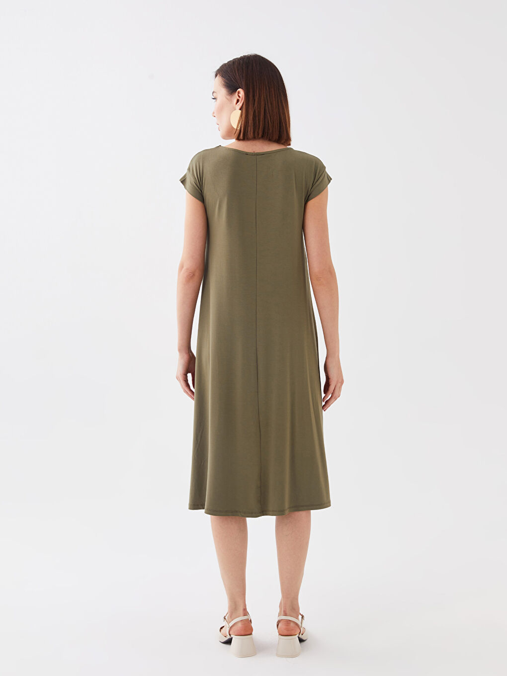 Haki Bisiklet Yaka Düz Kısa Kollu A Kesim Kadın Elbise-3