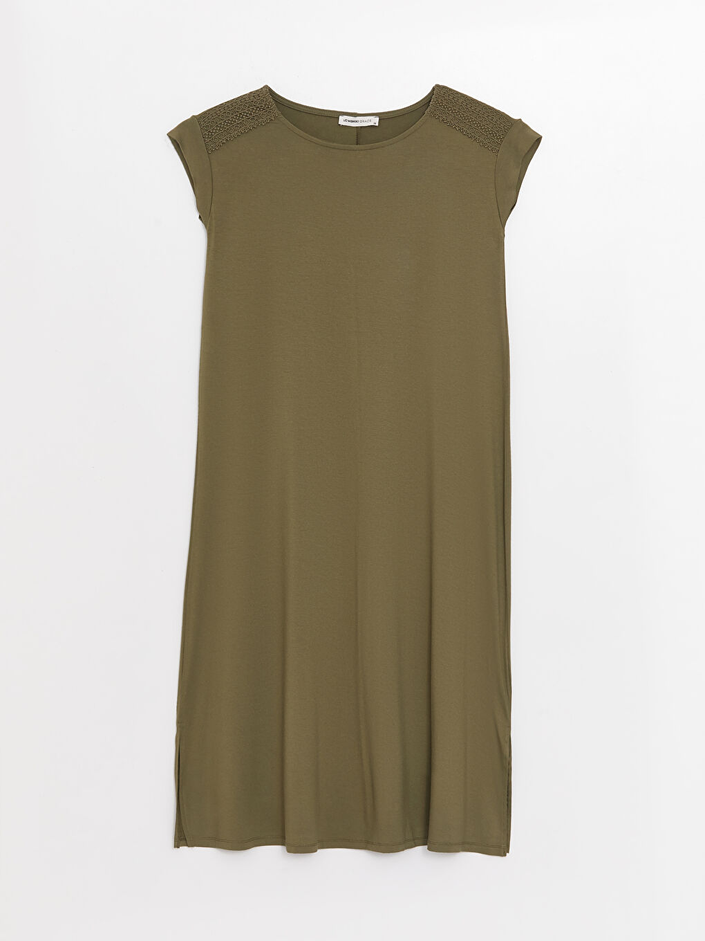 Haki Bisiklet Yaka Düz Kısa Kollu A Kesim Kadın Elbise-4