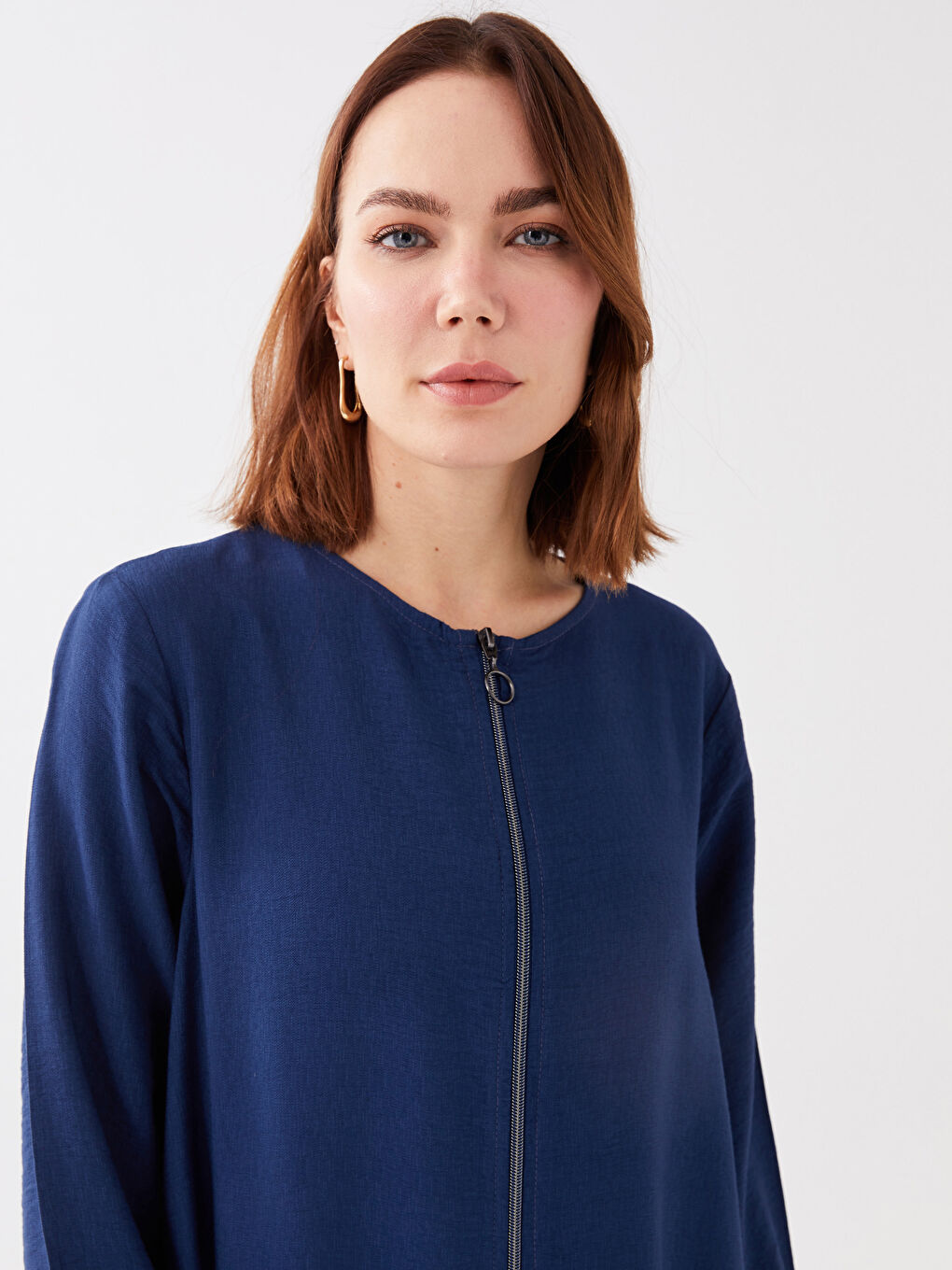 Lacivert Bisiklet Yaka Düz Uzun Kollu Kadın Ferace-2