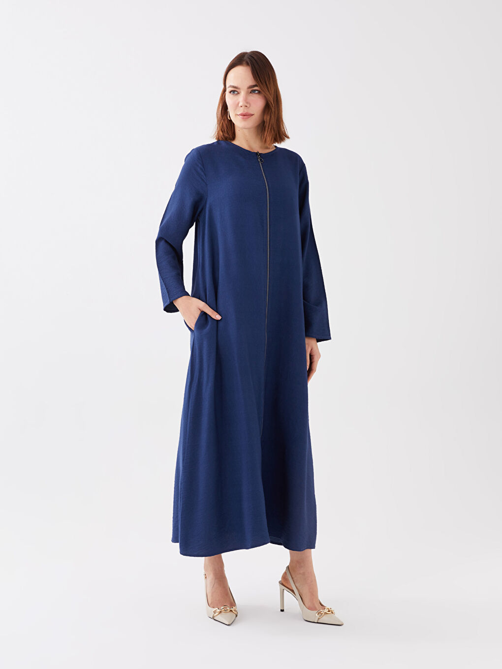 Lacivert Bisiklet Yaka Düz Uzun Kollu Kadın Ferace-3