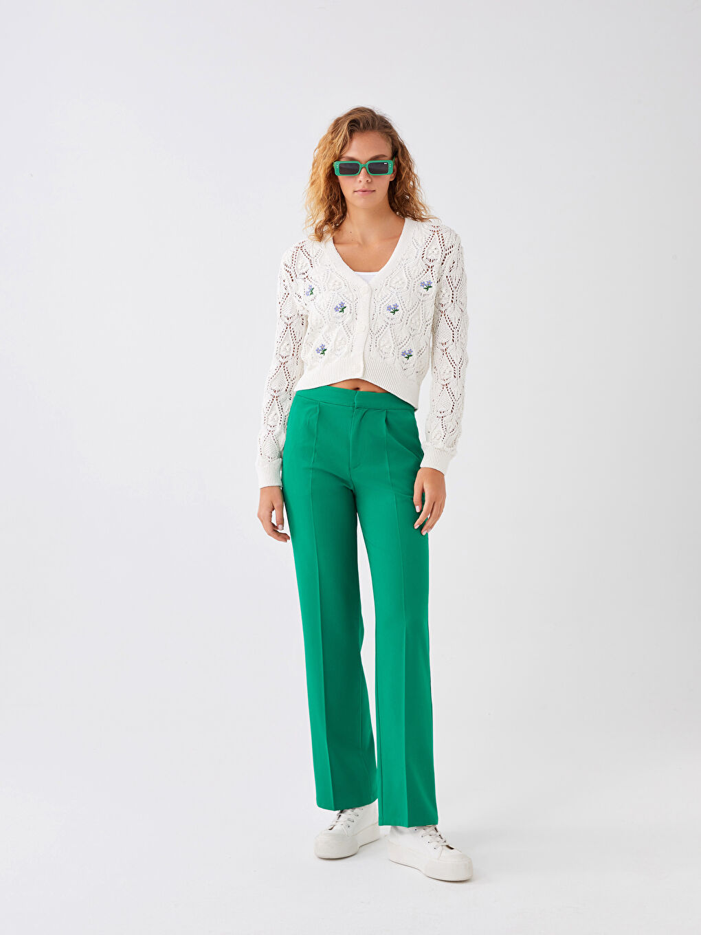 Yeşil Standart Fit Düz Krep Kadın Pantolon