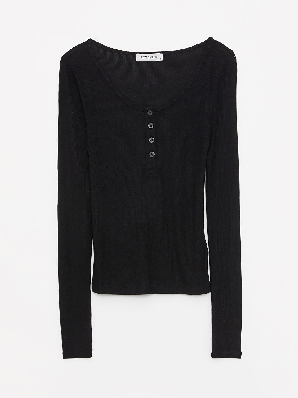 Siyah U Yaka Düz Uzun Kollu Kadın Tişört-5