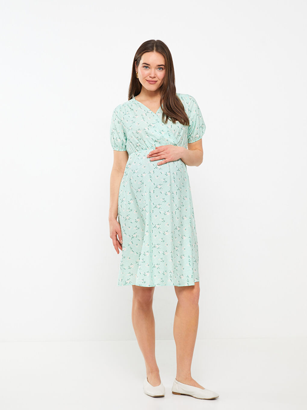 Double Breasted Collar Floral Short Sleeve Maternity Dress -S3EH41Z8-LRL