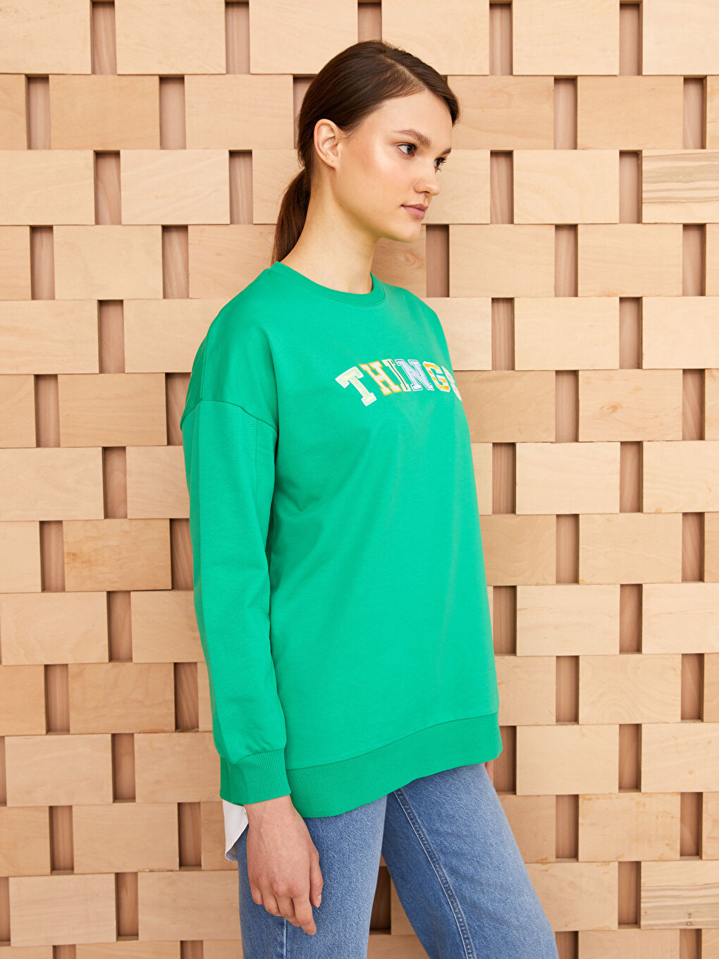 Yeşil Bisiklet Yaka Nakışlı Uzun Kollu Kadın Sweatshirt Tunik