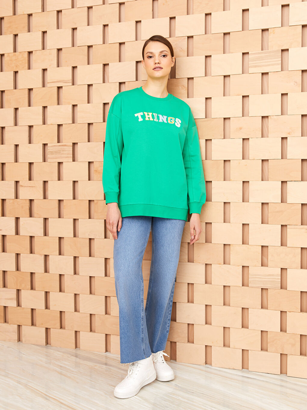 Yeşil Bisiklet Yaka Nakışlı Uzun Kollu Kadın Sweatshirt Tunik-2