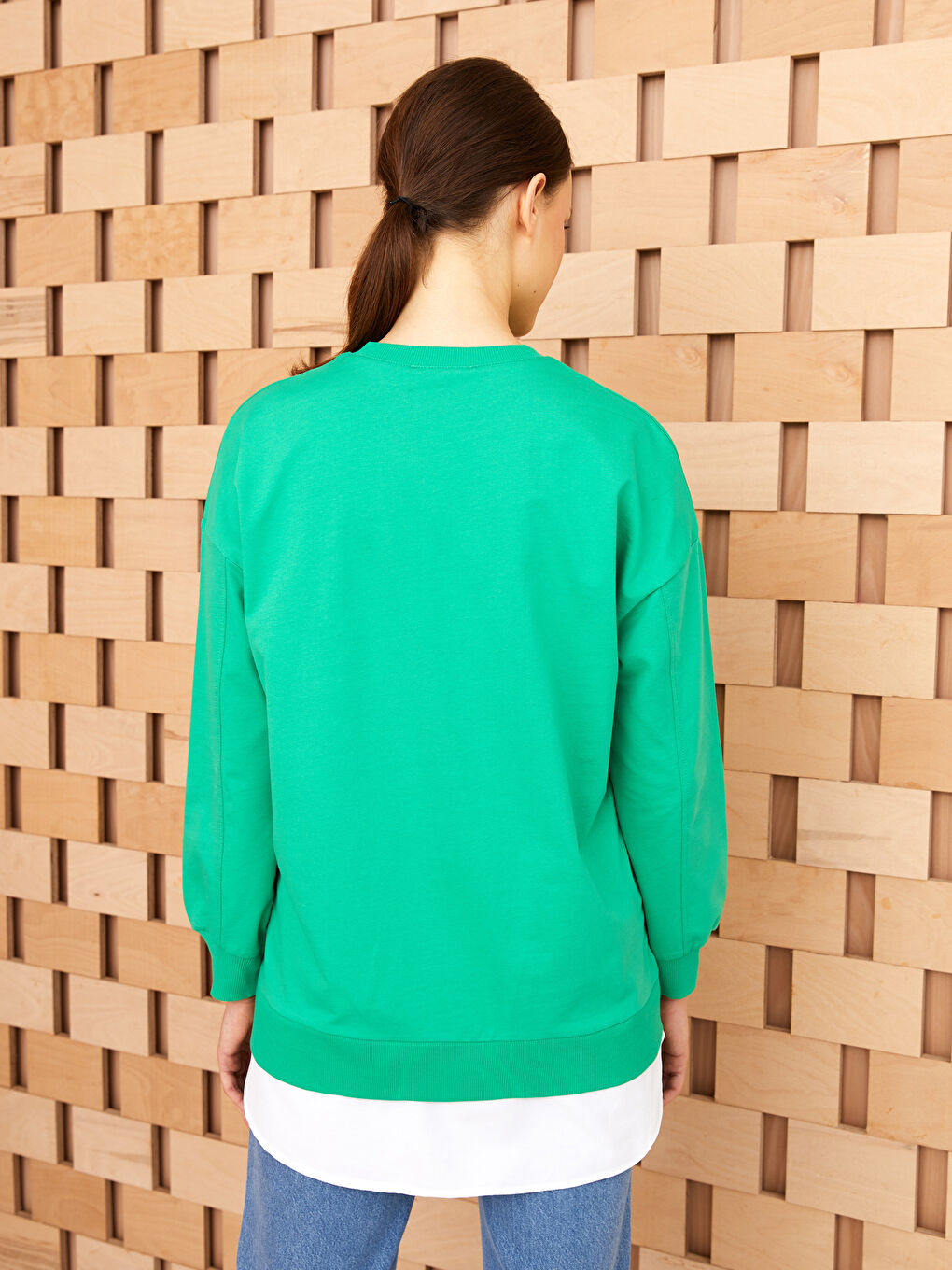 Yeşil Bisiklet Yaka Nakışlı Uzun Kollu Kadın Sweatshirt Tunik-4