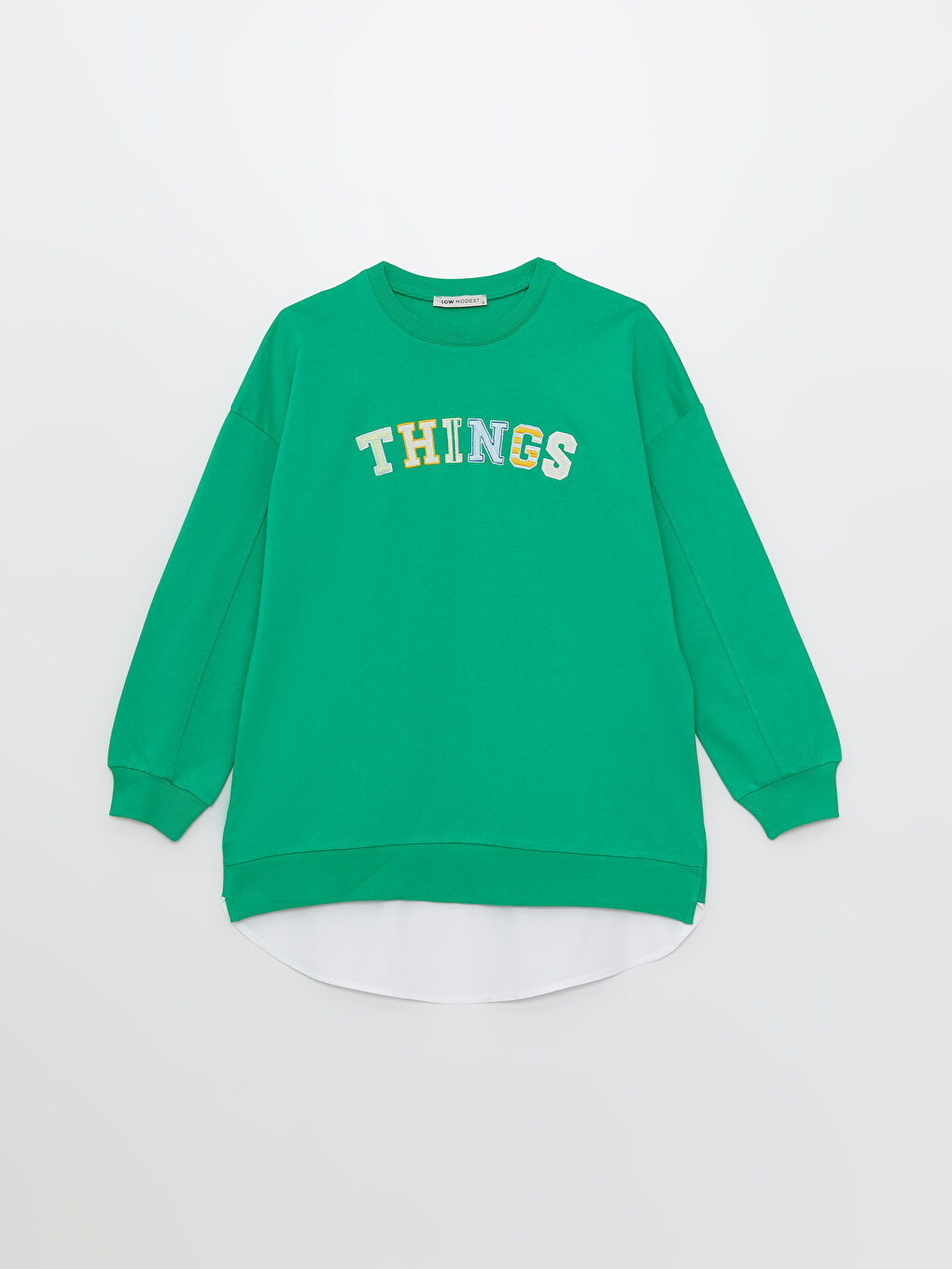 Yeşil Bisiklet Yaka Nakışlı Uzun Kollu Kadın Sweatshirt Tunik-5