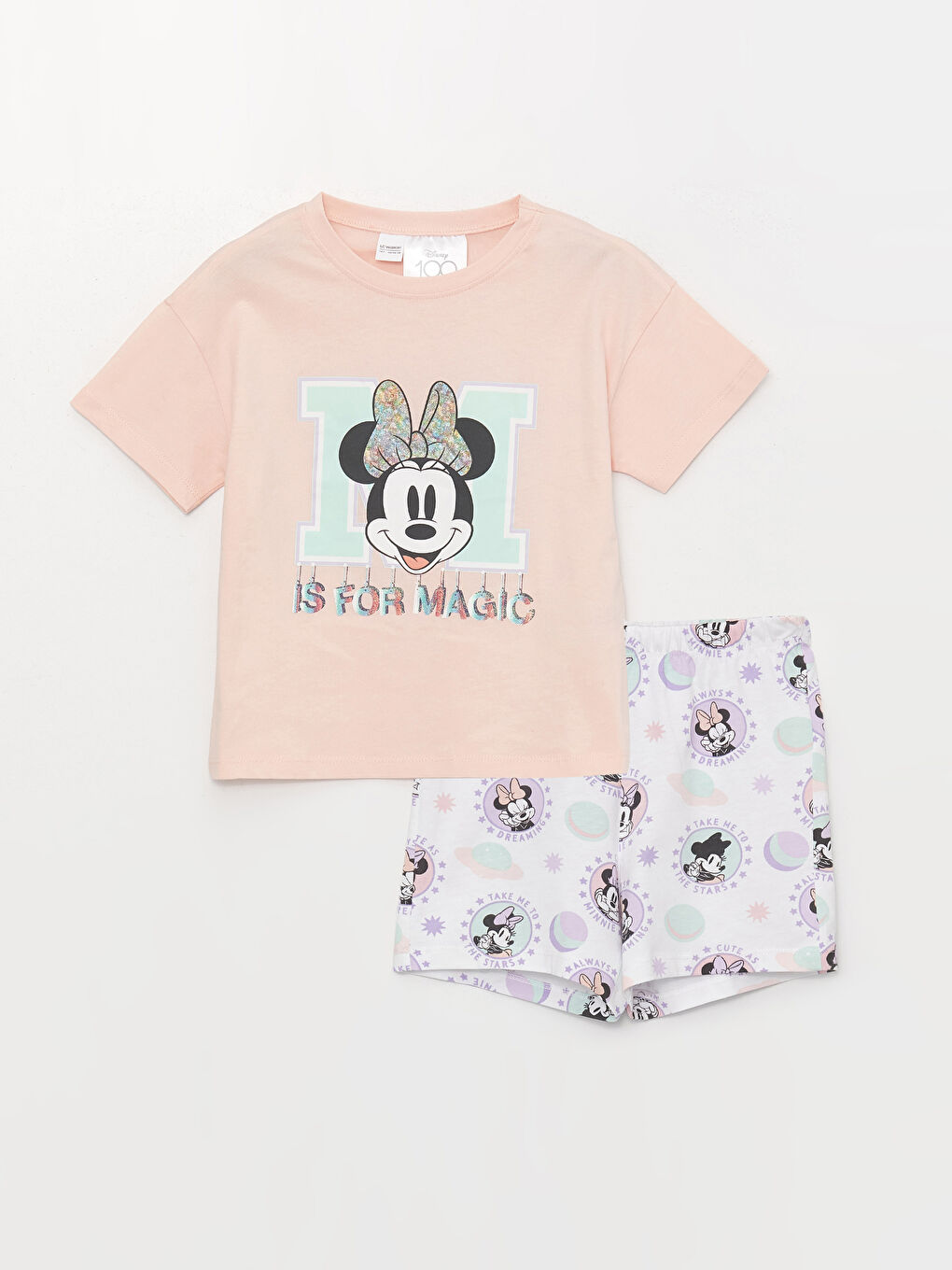 Pembe Bisiklet Yaka Minnie Mouse Baskılı Kısa Kollu Kız Çocuk Şortlu Pijama Takımı