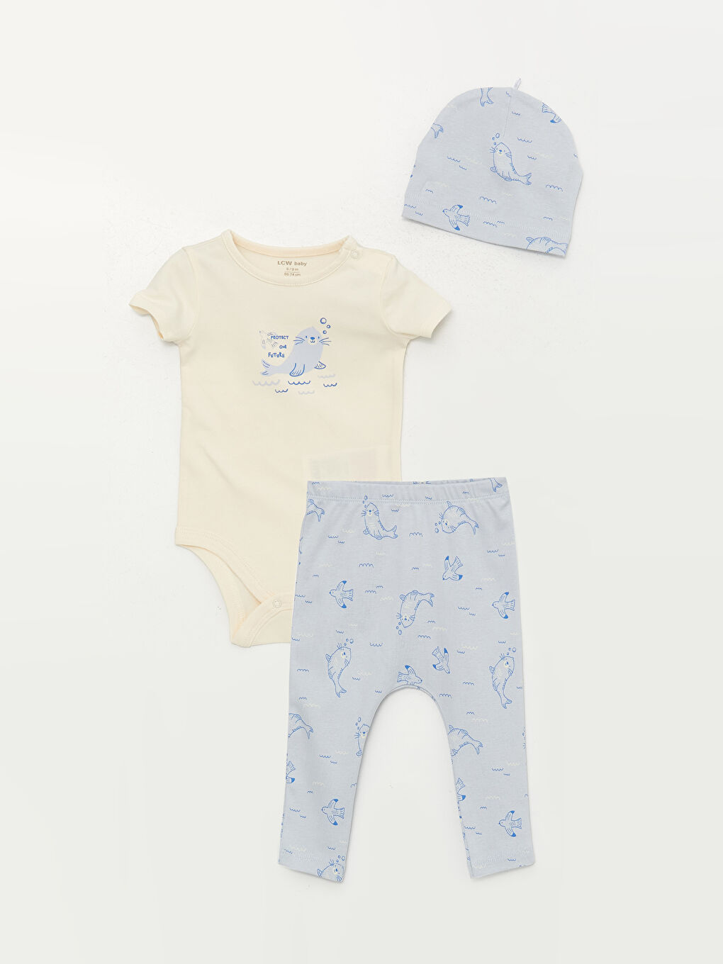 Сәби ұлдарға арналған дөңгелек жағалы принтті 3 данадан тұратын жинақ