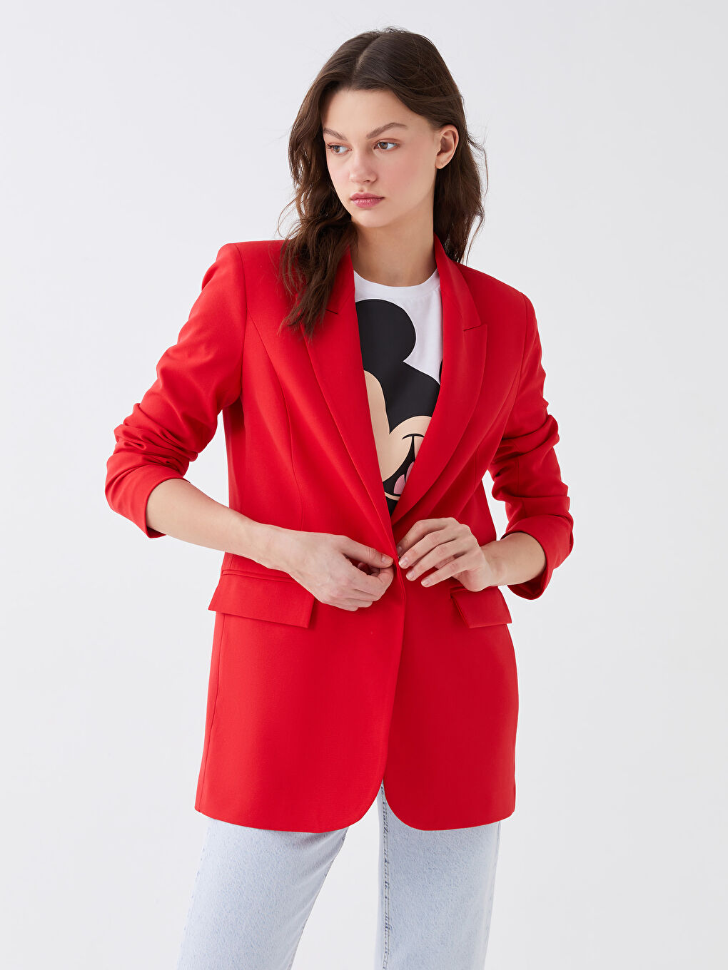 Kırmızı Düz Uzun Kollu Kadın Blazer Ceket