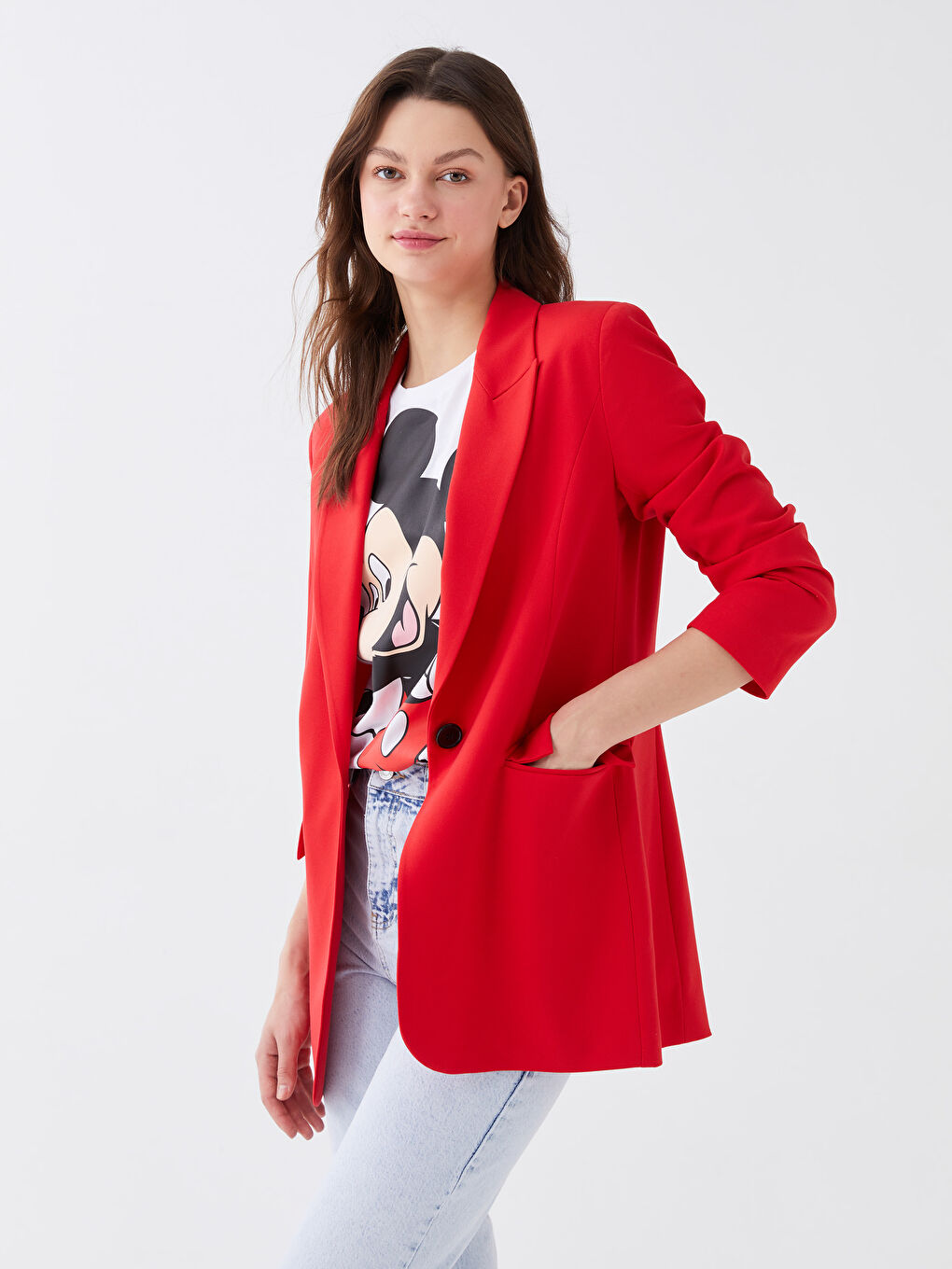 Kırmızı Düz Uzun Kollu Kadın Blazer Ceket-1