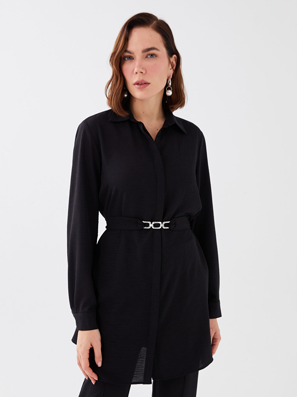 Siyah Düz Uzun Kollu Kadın Gömlek Tunik