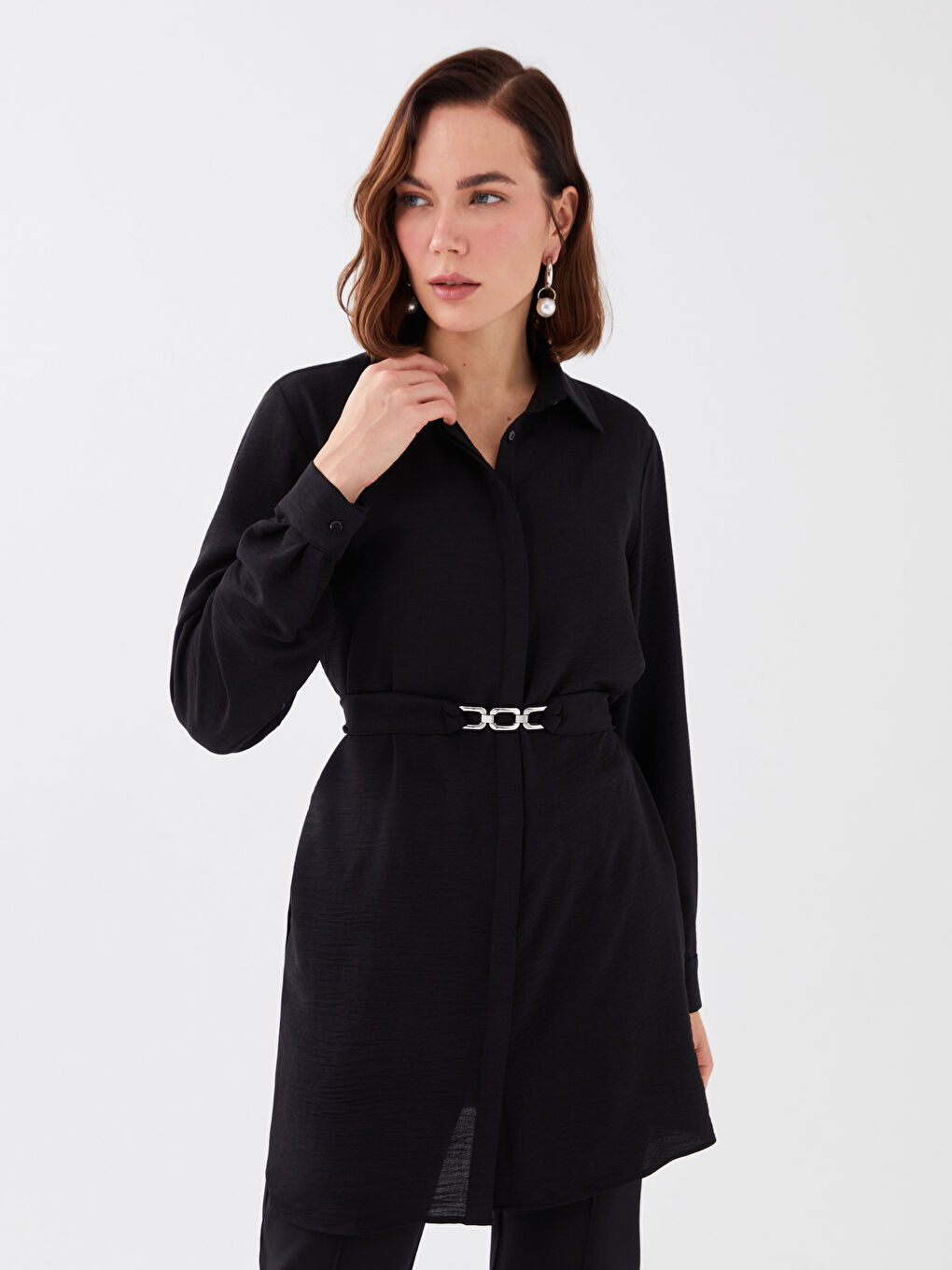 Siyah Düz Uzun Kollu Kadın Gömlek Tunik-1