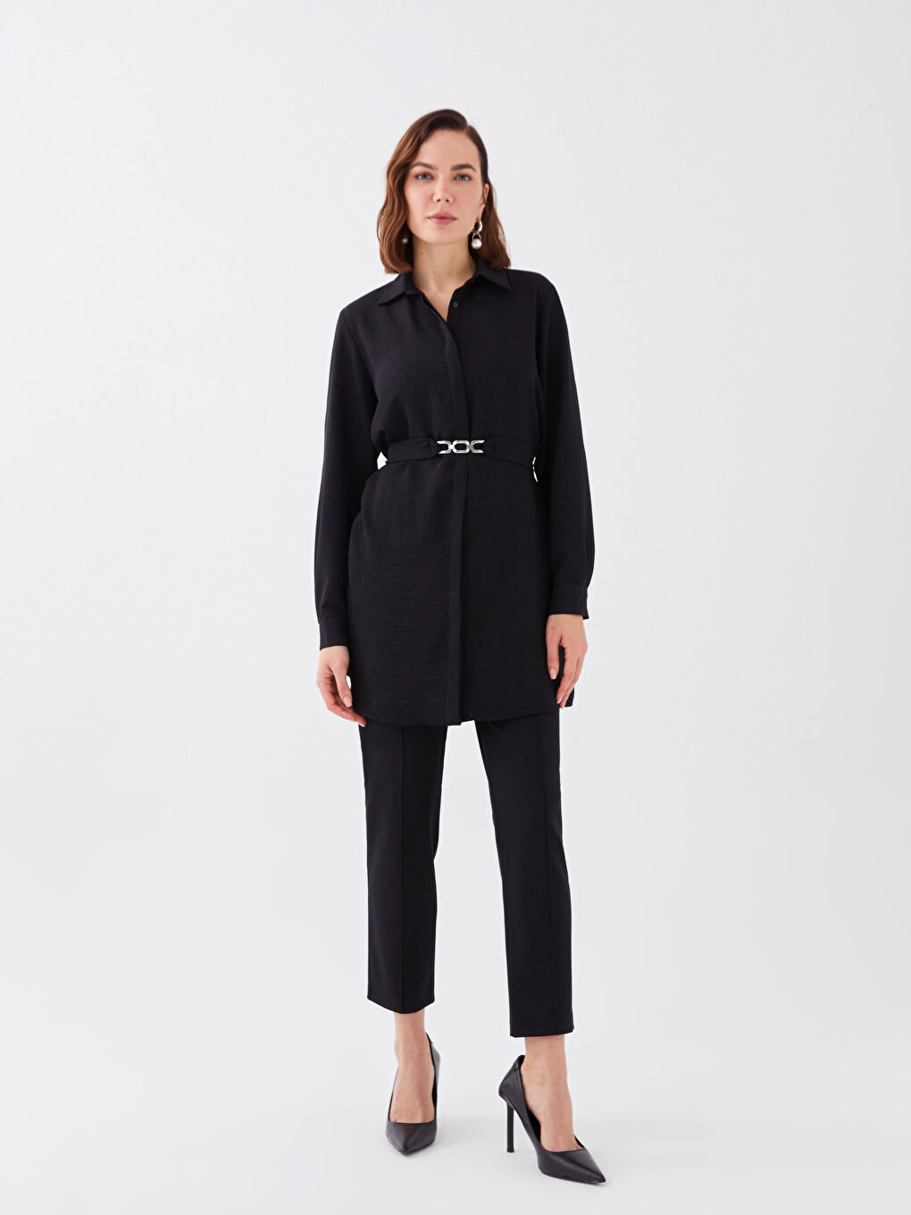 Siyah Düz Uzun Kollu Kadın Gömlek Tunik-2