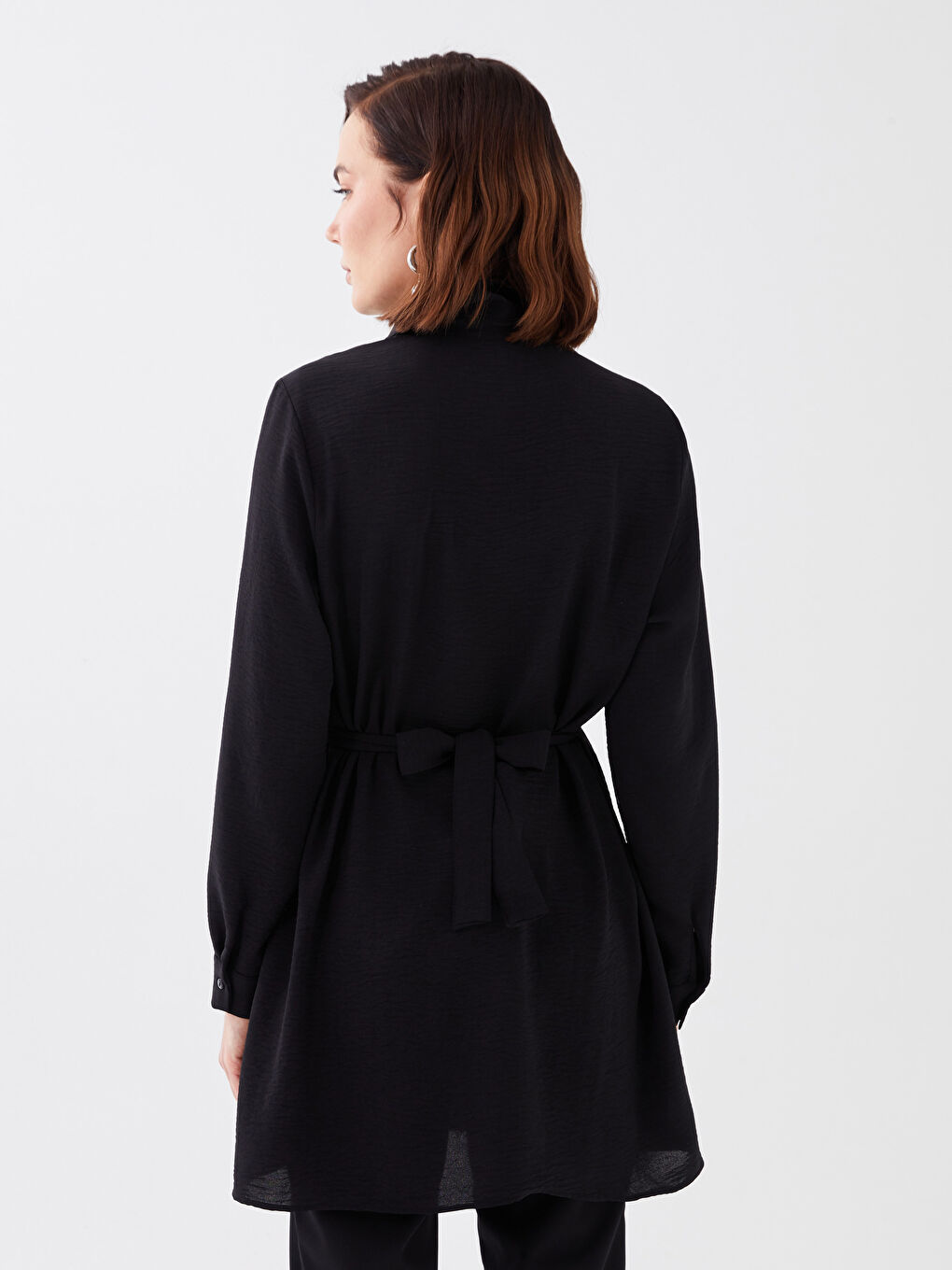 Siyah Düz Uzun Kollu Kadın Gömlek Tunik-4