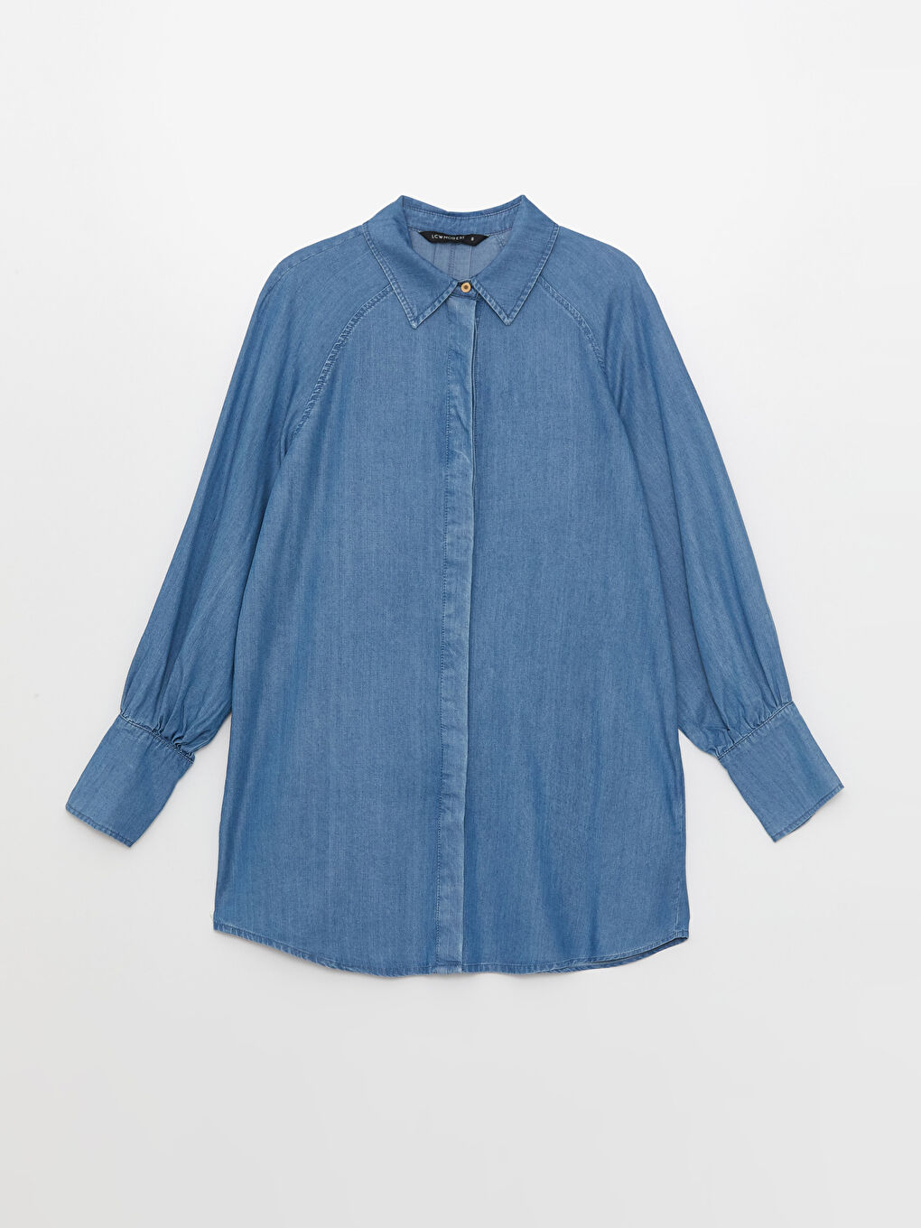 İndigo Gömlek Yaka Düz Uzun Kollu Kadın Jean Tunik-5