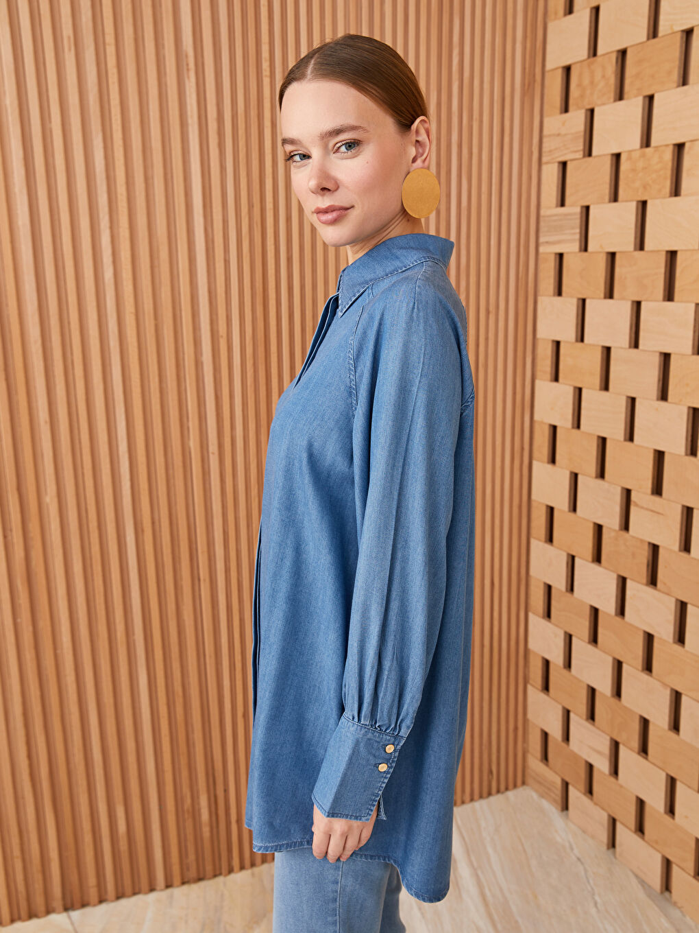 İndigo Gömlek Yaka Düz Uzun Kollu Kadın Jean Tunik