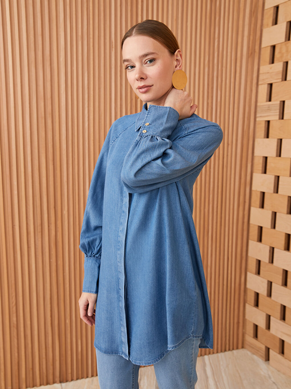 İndigo Gömlek Yaka Düz Uzun Kollu Kadın Jean Tunik-1