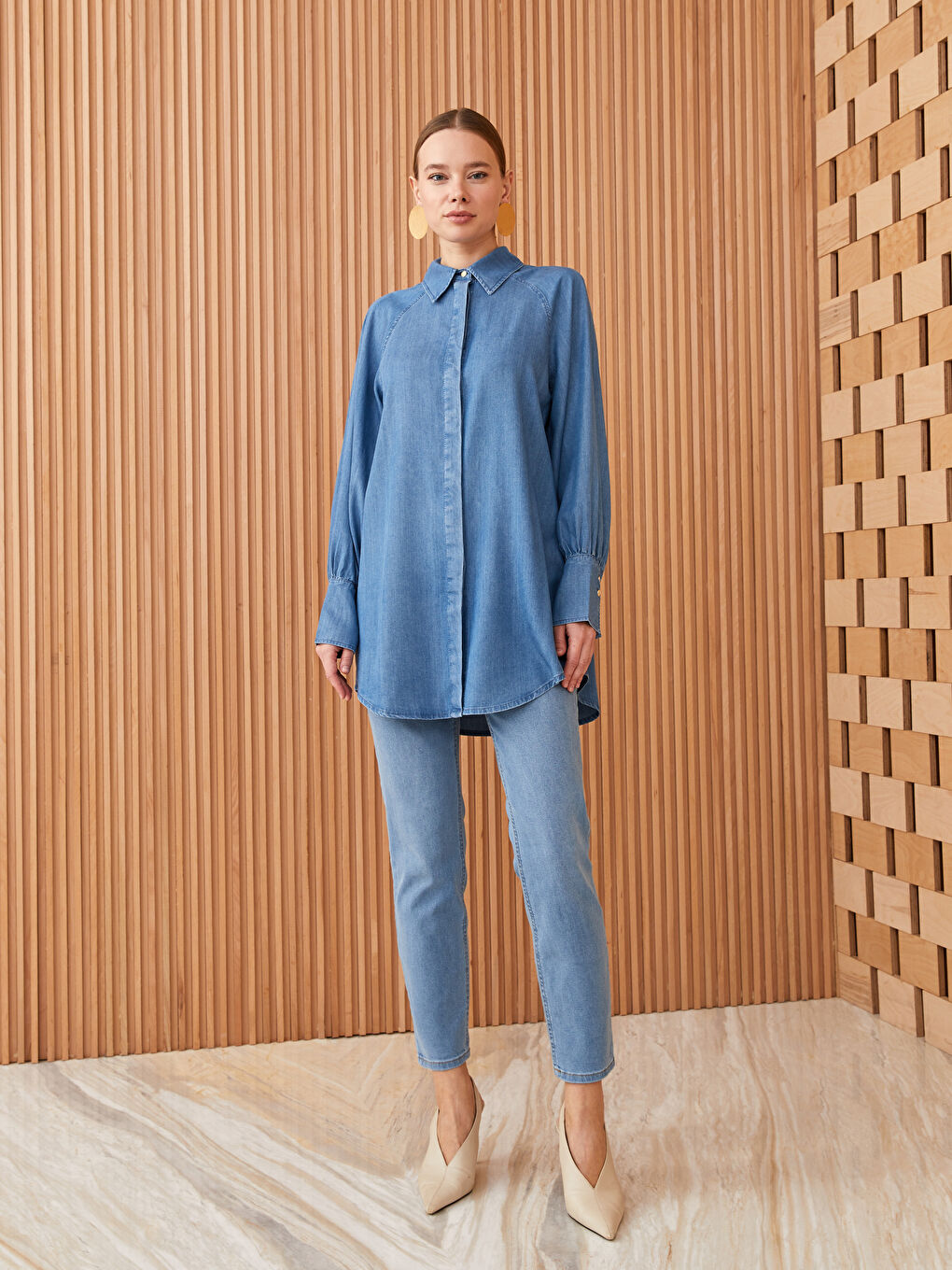 İndigo Gömlek Yaka Düz Uzun Kollu Kadın Jean Tunik-2