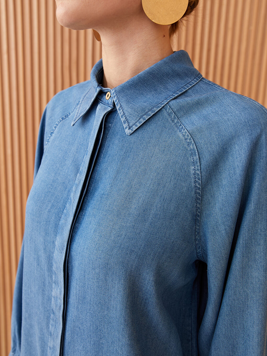 İndigo Gömlek Yaka Düz Uzun Kollu Kadın Jean Tunik-3