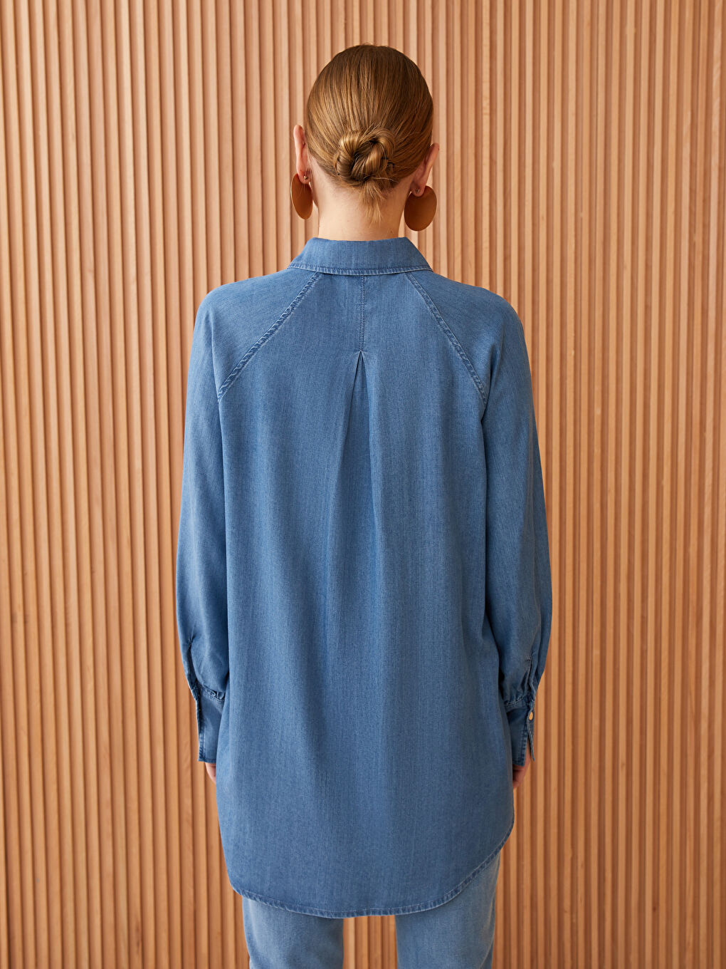 İndigo Gömlek Yaka Düz Uzun Kollu Kadın Jean Tunik-4