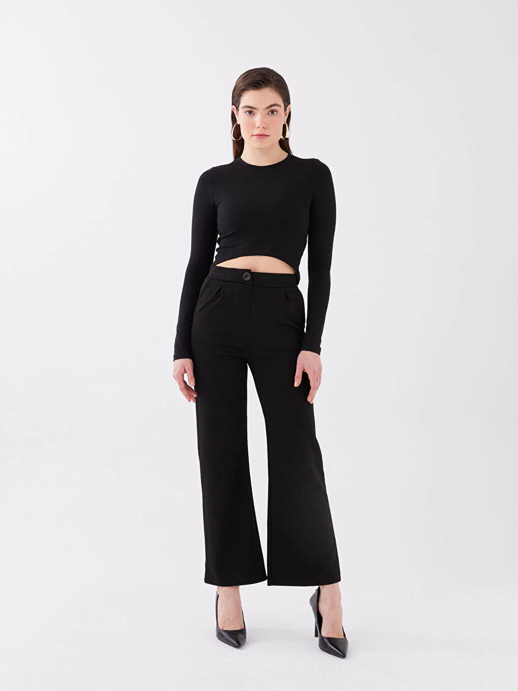 Әйелдерге арналған дөңгелек жағалы өрнексіз ұзын жең кроп-топ-2