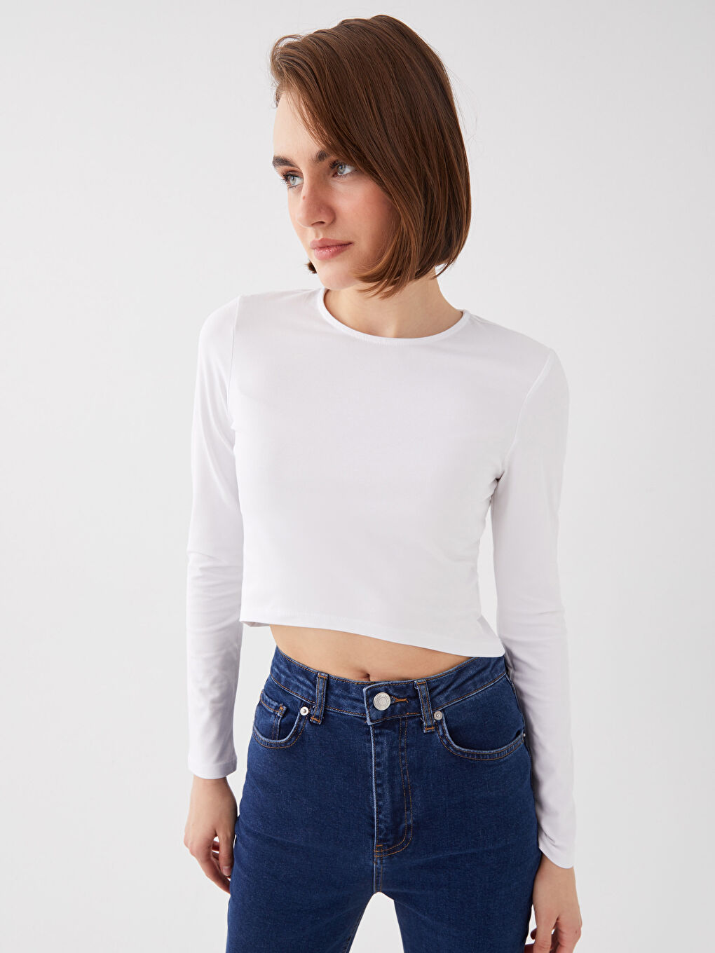 Crew Neck Plain Long Sleeve Women's Crop Top-2