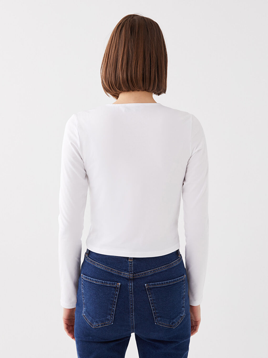 Crew Neck Plain Long Sleeve Women's Crop Top-8