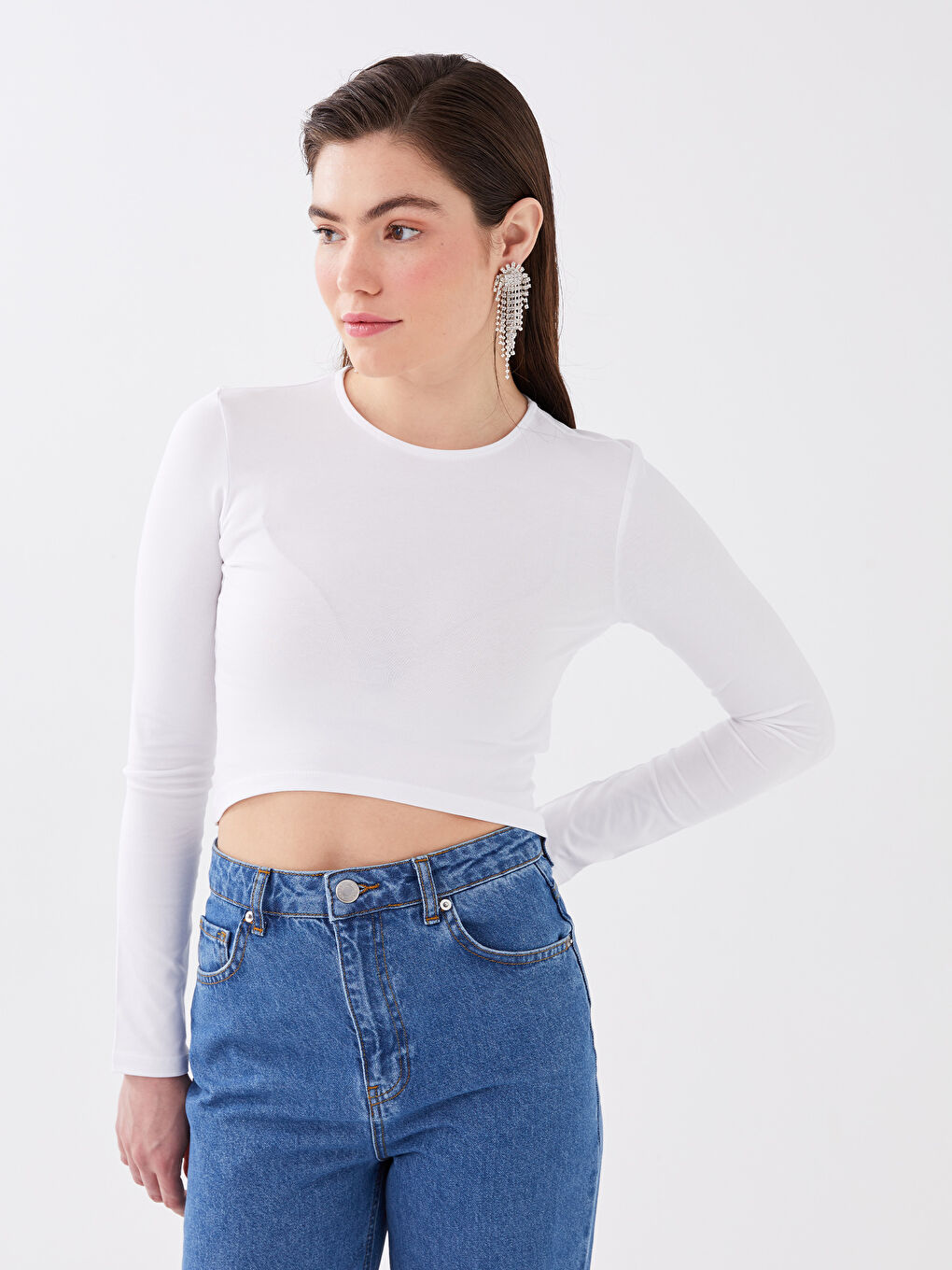 Crew Neck Plain Long Sleeve Women's Crop Top-3