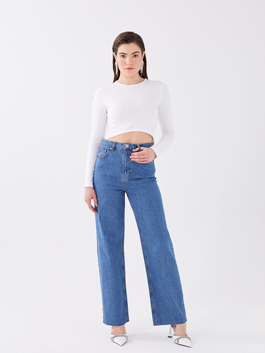 Crew Neck Plain Long Sleeve Women's Crop Top-5