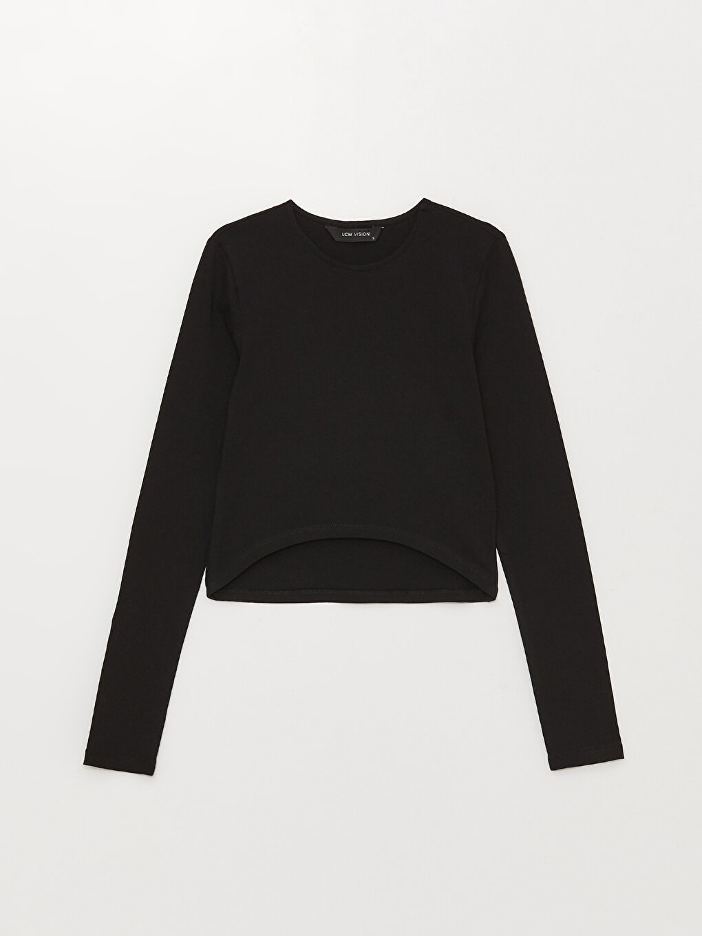 Әйелдерге арналған дөңгелек жағалы өрнексіз ұзын жең кроп-топ-5